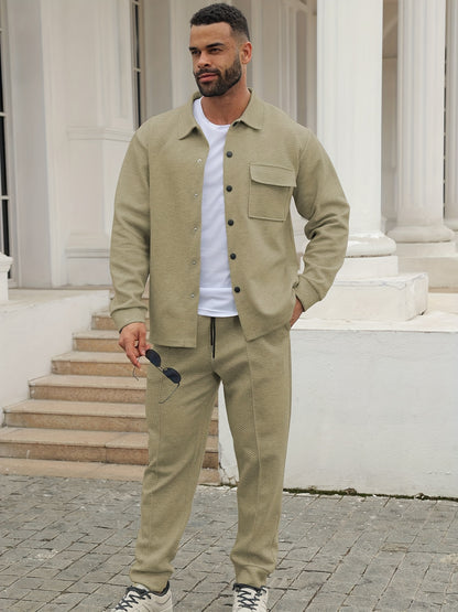 Men's Casual Sportswear Set - Long Sleeve Button-Up Shirt & Joggers, Stretch Fabric, Spring/Fall Collection