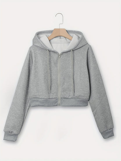 Zip Up Cropped Drawstring Hoodie, Casual Long Sleeve Sweatshirt For Spring & Fall, Women's Clothing