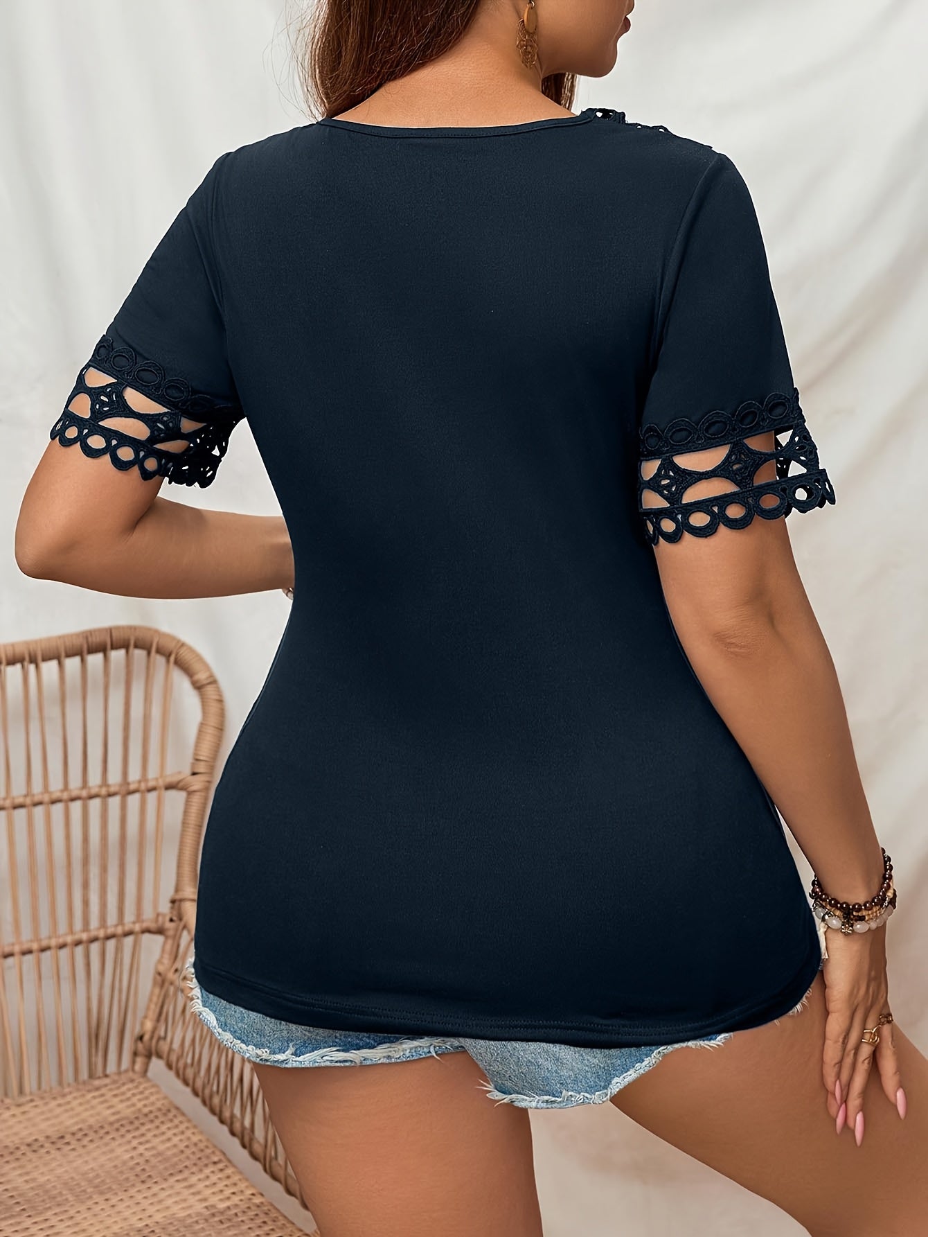 Women's Plus Size Elegant Short Sleeve Top with Asymmetrical Neckline and Lace Cut-Out Detail - Stretchy Polyester Blend, Machine Washable, Black, Perfect for Spring/Summer Casual Outfits, Spring Fashion Wear | Asymmetrical N