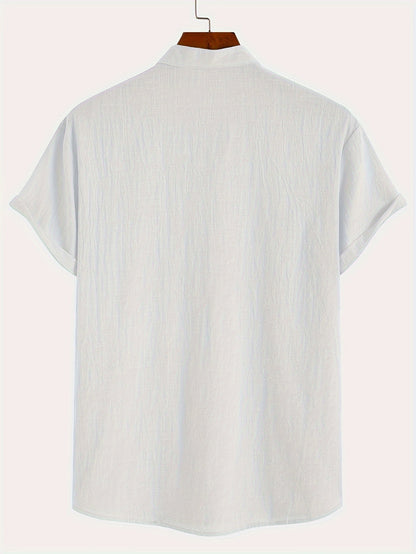 Men'S Classic Solid Color Pure Cotton And Bamboo Textured Breathable Fabric V-Neck Half-Button Design Suitable for Daily Casual Wear, Simple And Versatile, Stylish for Vacations, Hawaiian Style Light Blue Short-Sleeve Shirt.