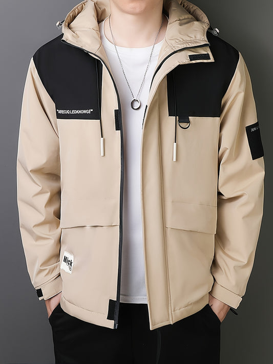 Men's Casual Hooded Windbreaker Jacket - Spring/Autumn Color Block Zip-Up Coat For Autumn Winter Outdoors