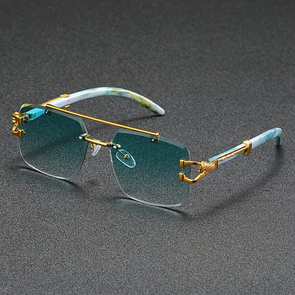 A Pair of Frameless, Beveled-Edge, Square Double-Beam Glasses, New Trendy Leopard-Print Fashion, Faux Wood Grain, Versatile for Men And Women, for Taking Photos.