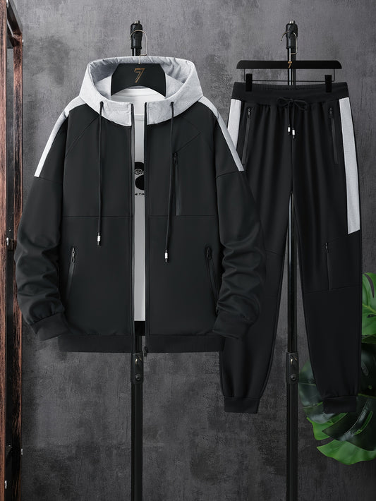 1set Men'S Sports Hooded Jacket and Joggers Set, Polyester Knit Fabric with Slight Stretch, Patchwork Design, Regular Fit, Spring/Fall Season, with Pockets