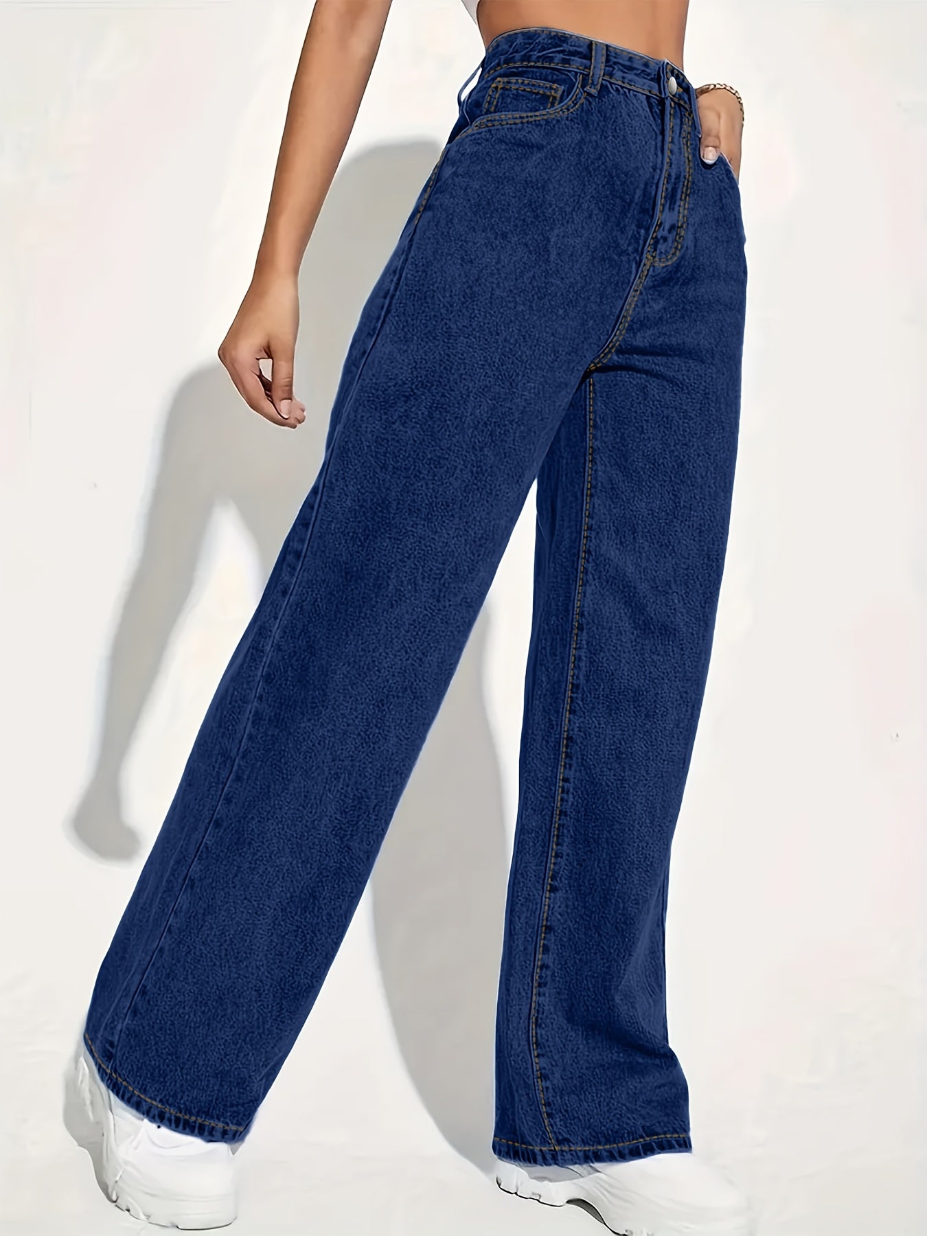 Women'S High-Waisted Straight Leg Jeans, Casual Stretch Denim Pants, Solid Color, Full Length, with Pockets, for Spring/Summer/Fall