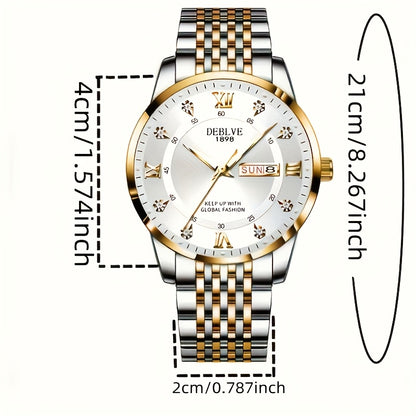 1pc Men'S Business Style Roman Dial Quartz Watch with Luminous Date and Day Display, Stainless Steel Alloy Strap, IPX7 Waterproof, Battery Operated, Elegant Fashion Accessory + Box