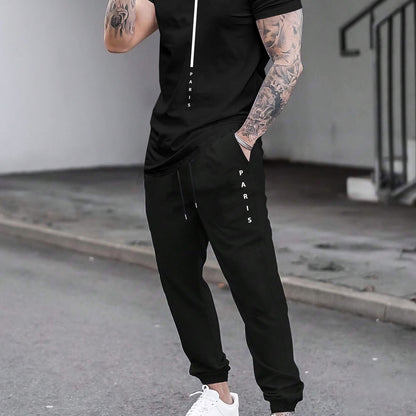 1set Men'S Casual Sportswear Set, Geometric Pattern Short Sleeve T-Shirt and Drawstring Joggers, Knitted Polyester and Elastane Blend, Round Neck, Regular Fit, Four Seasons Outfit