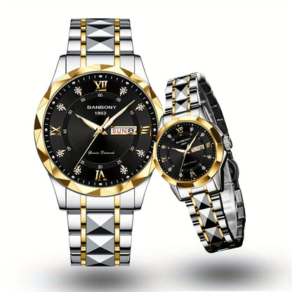 2pcs Couple Watch BANBONY Brand Trendy Fashion Men's and Women's Quartz Watch Stainless Steel Strap with Rhinestone Luminous High-definition Disc Waterproof Night Light Display Week Calendar Display Wristwatch Holiday Gift fo
