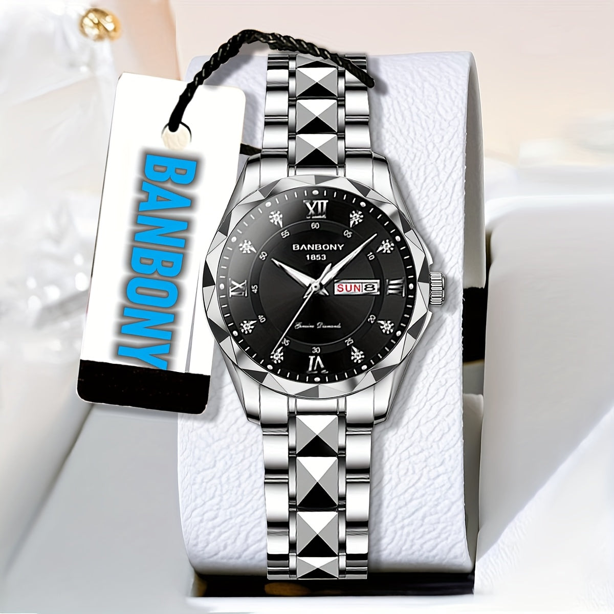 A BANBONY Fashion Brand Women'S Quartz Watch with a Stainless Steel Strap, Adorned with Rhinestones, IPX7 Waterproof, Luminous Display for The Week, Multifunctional Fully Automatic Casual Watch, Perfect Gift for Birthdays, Ho