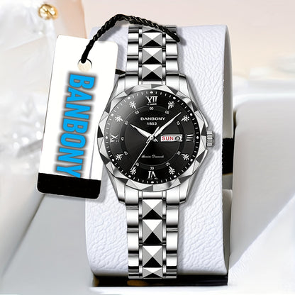 A BANBONY Fashion Brand Women'S Quartz Watch with a Stainless Steel Strap, Adorned with Rhinestones, IPX7 Waterproof, Luminous Display for The Week, Multifunctional Fully Automatic Casual Watch, Perfect Gift for Birthdays, Ho