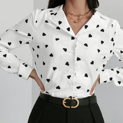 Elegant Women's Heart Pattern Long Sleeve Button-Up Shirt - Semi-Sheer, Polyester, Machine Washable - Perfect for Spring/Fall