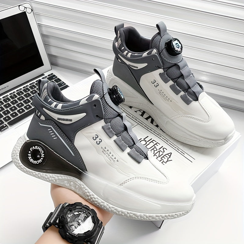 [Athletic Performance] Men's Breathable Casual Sneakers - Stylish Loafers with Rotating Buckle, Navy Blue & White Design, Comfortable PU Upper & PVC Sole for Casual Attire, Running, and Outdoor Activities