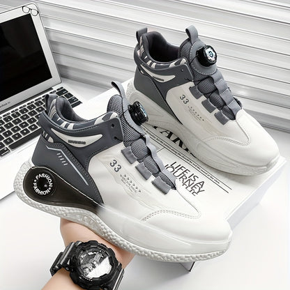 [Athletic Performance] Men's Breathable Casual Sneakers - Stylish Loafers with Rotating Buckle, Navy Blue & White Design, Comfortable PU Upper & PVC Sole for Casual Attire, Running, and Outdoor Activities