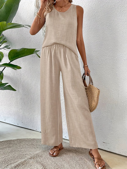 Women'S Summer Backless Cut-Out Panel Tank Top + Wide Leg Pants Set - Casual, Simple, Sleeveless, Polyester, Light Beige, Perfect for Spring/Summer, Casual Attire|Backless Top|Polyester Fabri