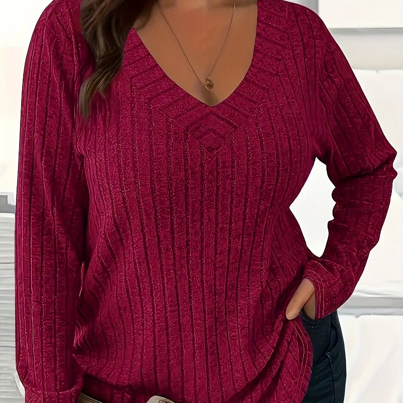 1 հատ Women'S Plus Size Casual V-Neck սվիտեր - 95% պոլիեսթեր 5% սպանդեքս տրիկոտաժե գործվածք, միաձույլ գույն, երկարաթև, գարուն/աշուն/ձմեռ բաց վերնաշապիկ