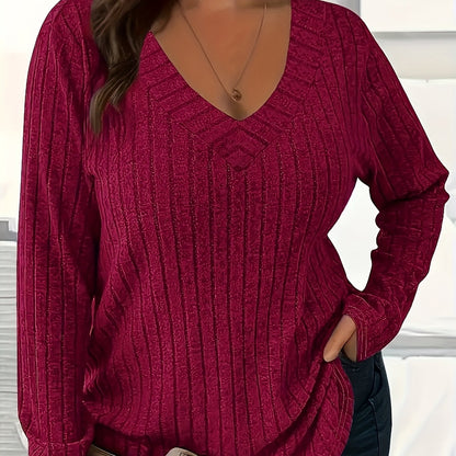 1 հատ Women'S Plus Size Casual V-Neck սվիտեր - 95% պոլիեսթեր 5% սպանդեքս տրիկոտաժե գործվածք, միաձույլ գույն, երկարաթև, գարուն/աշուն/ձմեռ բաց վերնաշապիկ