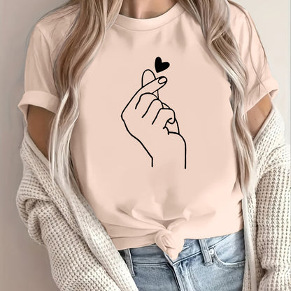Finger Heart Print T-Shirt, Short Sleeve Crew Neck Casual Top For Summer & Spring, Women's Clothing