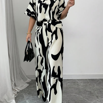-Yy0207476-2pcs Women'S V-Neck Short-Sleeved Black And White Printed Casual Top And Pants Set