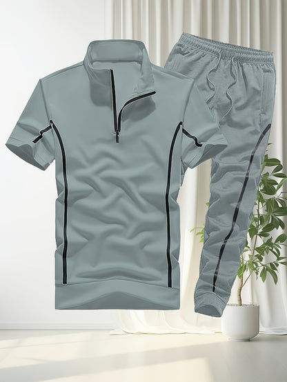 Men'S Casual Summer Two-Piece Set - Loose Fit Short Sleeve Zipper Polo Shirt & Joggers with Side Stripes, Polyester, Ideal for Hot Weather, Summer Casual Wear|Striped Pattern|Polyester Fabric