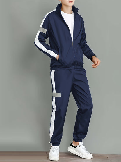 Men's Casual Sportswear Set - Black and White Striped Zip-Up Jacket with Reflective Accents & Matching Joggers, Polyester, Machine Washable, Ideal for Spring & Fall, Jogging Pants