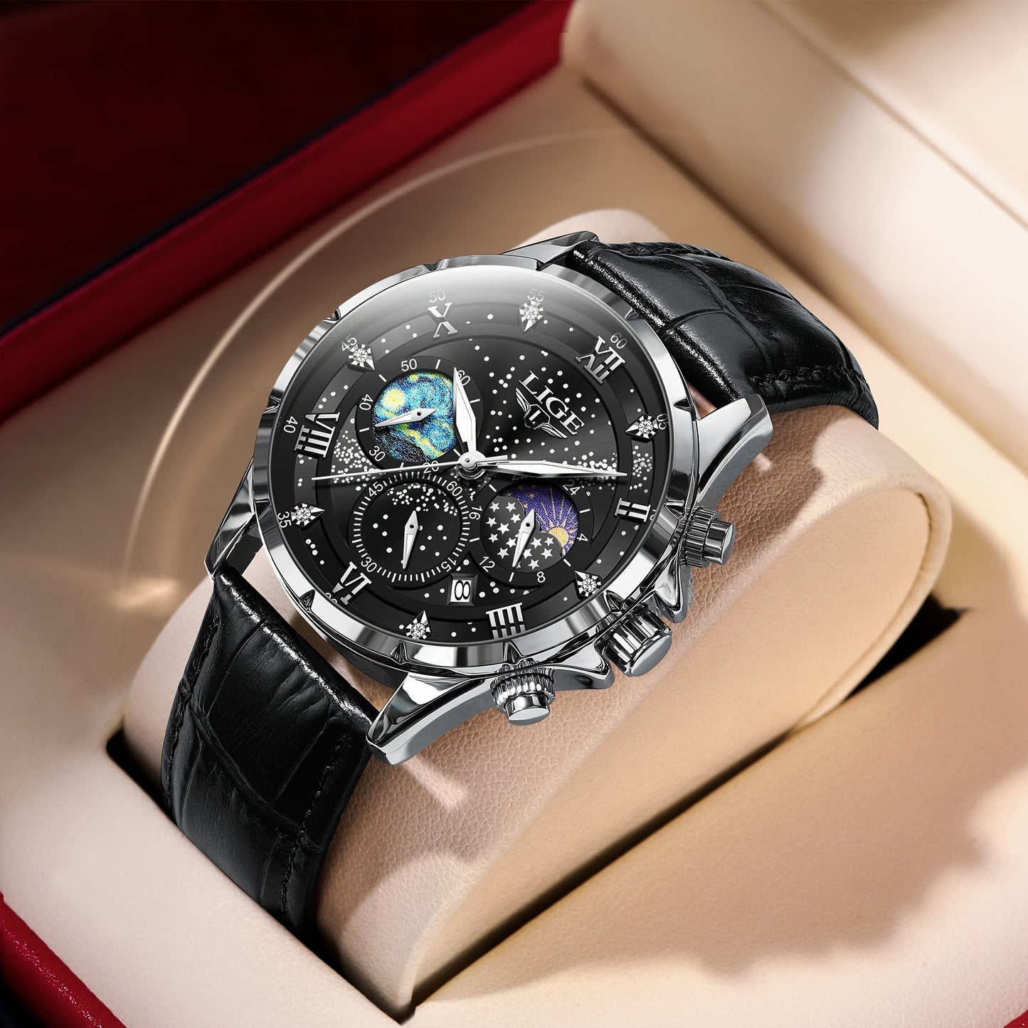 LIGE Luxury Quartz Chronograph Watch with Luminous Hands - Elegant Round Alloy Case, Blue Dial with Roman Numerals, Starry Night Design, Button Battery, Faux Leather Strap, Stylish Accessory|Starry Night Design|Luminous Hands