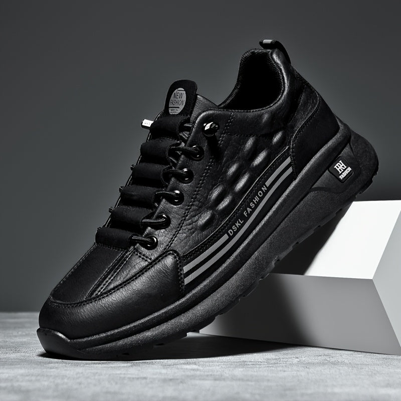 Men's Breathable Casual Sneakers - Comfortable, Versatile & Stylish Shoes for Running, Sports & Casual Attire, Black with White Accents, PU Upper & PVC Sole, Round Toe, Lace-Up Design, All-Season Use