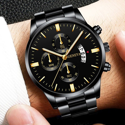 Men'S Luxury Black Stainless Steel Quartz Watch with a Date Feature, Ideal for Business Occasions.