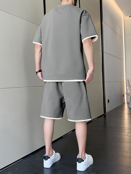 Men's Casual Fashion Sportswear Set - Light Gray "DREAMS" Print T-Shirt & Shorts, 100% Polyester, Machine Washable, Summer Outfit