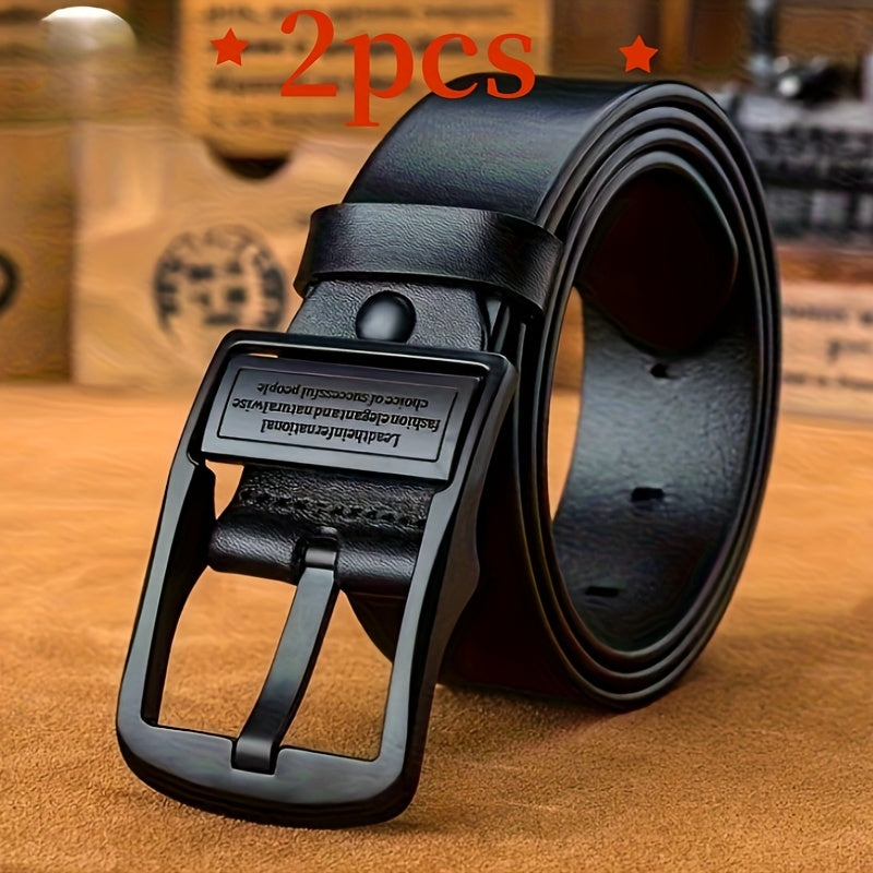 2pcs Men'S Premium Faux Leather Belt with Vintage Square Alloy Buckle - Double-Sided Durable Black Business Casual Belt, Multiple Sizes, Ideal Father'S Day Gift