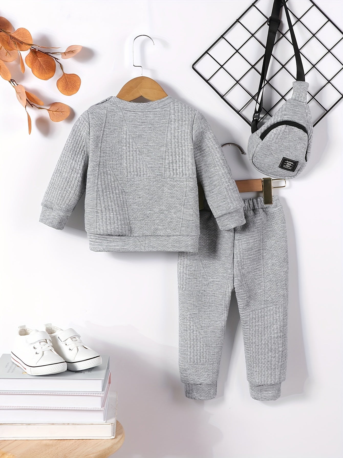 3pcs Set for Boys: New Autumn Shoulder Button Plain Round Neck Sweater, Trousers and Crossbody Bag, Casual and Fashionable Three-piece Set