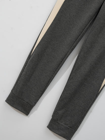 Men's Casual Baseball Jacket & Pants Set - Color Block, Polyester, Button-Up with Belt Detail for Spring/Fall