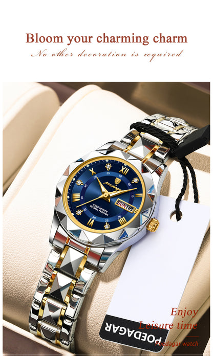 POEDAGAR Women's Elegant Stainless Steel Quartz Watch with Luminous Blue Dial, Roman Numerals, Date Calendar, IPX7 High Quality & -Accented Band for Casual & Formal Wear