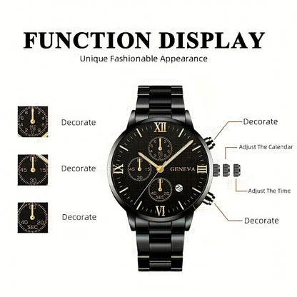 1pc Men's Stylish Black Quartz Watch with Stainless Steel Band - Elegant Roman Numerals, Date Display, and Golden Accents - Perfect Gift for Christmas, Thanksgiving, Valentine's Day - Ideal for Him or Family, Date Feature Wat