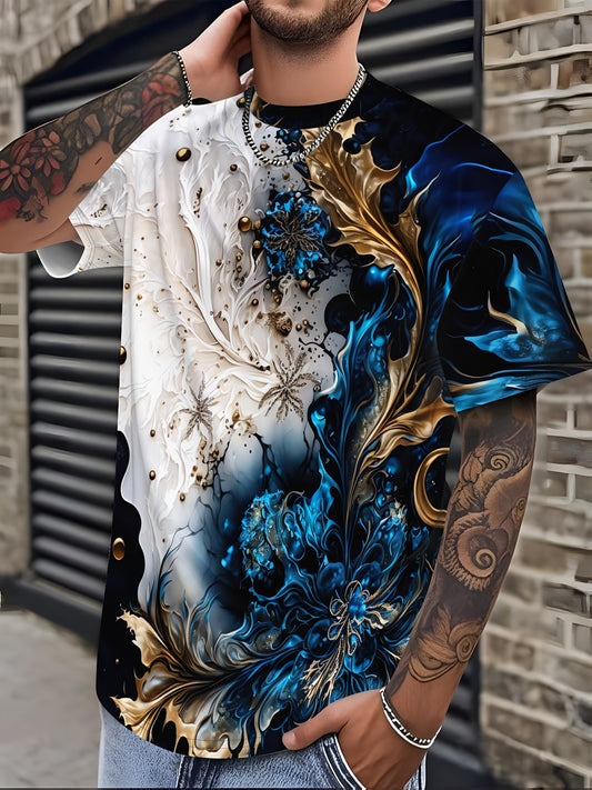 Men's Casual Short Sleeve T-Shirt with Dual-Sided Digital Print - White & Blue/Golden Floral Design, Breathable Round Neck Tee, Machine Washable Regular Fit for Casual Attire, Streetwear Style, Bold Pattern, Lightweight Tee,