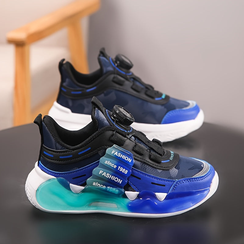 Boys' Striped Sneakers with Rotating Buckle - Casual Running Shoes for Youngsters, Breathable PU & Fabric Lining, Non-Slip EVA Sole