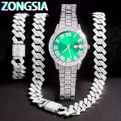 ZONGSIA Hip Hop Watch & Jewelry Set - Luxury Rhinestone-Encrusted Quartz Watch with Matching Bracelet and Necklace, Classic Male Fashion, PC Case, Alloy Strap, Electronic Drive, Non-rechargeable Button Battery, ZONGSI