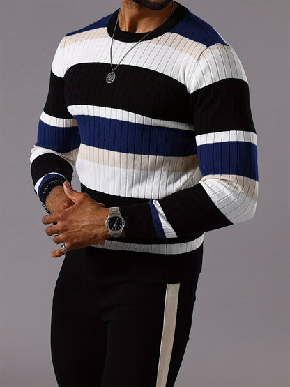 Men's Striped Color-Block Ribbed Knit Sweater - Long Sleeve Round Neck Pullover with Elastic Comfort Fit, Machine Washable Casual Fall Winter Top in Black/White/Green/Beige, Knit Sweater, Medium Elasticity
