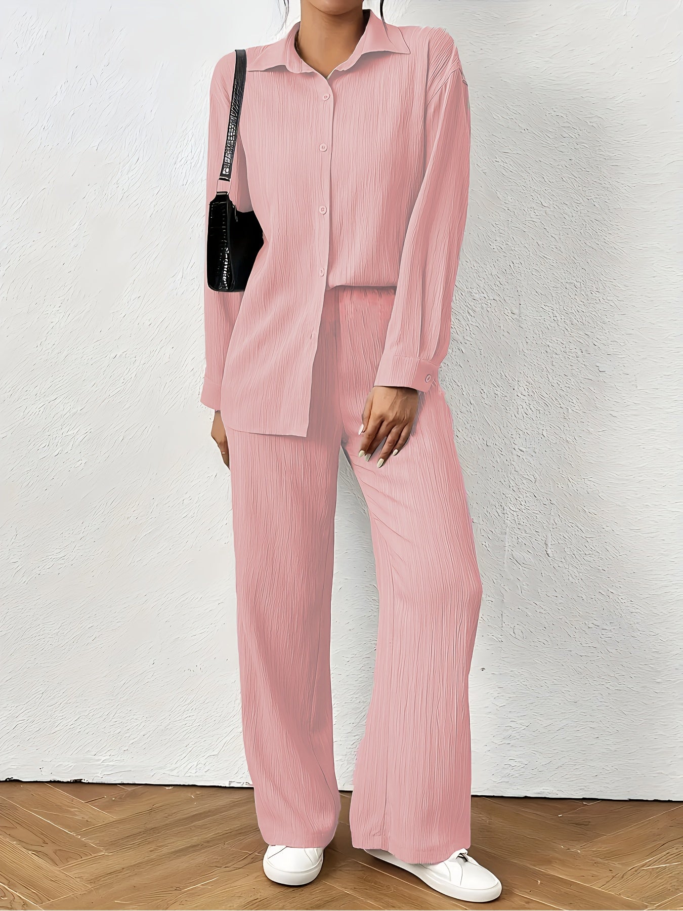 Women'S Casual Solid Color Long Sleeve Shirt + Long Pants 2pcs Set for Spring And Autumn.
