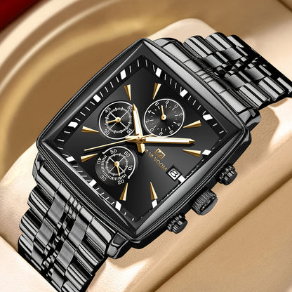 VA VA VOOM Brand New Arrival 1pc Fashionable Golden & Blue & Silveryy & Black Stainless Steel Strap, Oversized Square Dial, Multifunctional Six Needle Three Eyes, with Calendar Window, Luminous Function, High-Quality Fashiona