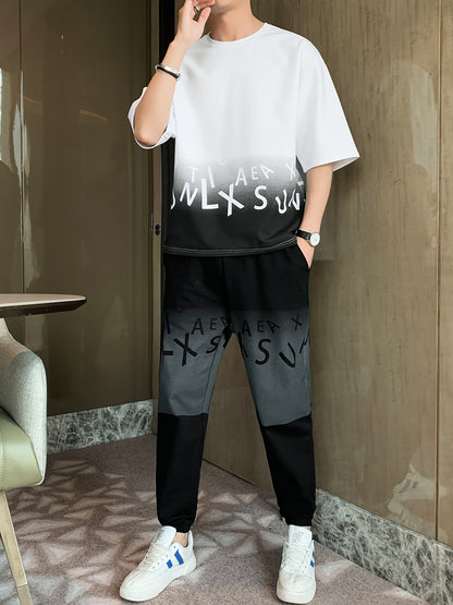 Men's Summer Casual Cotton Blend Outfit Set - Gradient Color Short Sleeve T-Shirt & Stylish Drawstring Shorts, Machine Washable
