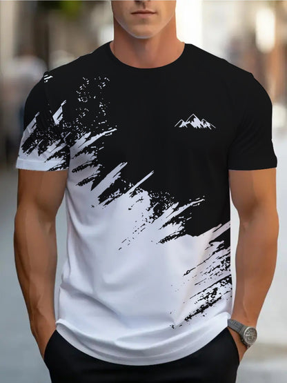 Men's Short-Sleeve T-Shirt with Bold Black & White Mountain Graphic Print - Breathable Summer Casual Tee, Regular Fit Round Neck, Hand Wash Only, Leisure Clothing, Modern Tee, Nontransparent Fabric, Daily Outfit, Creative Pat