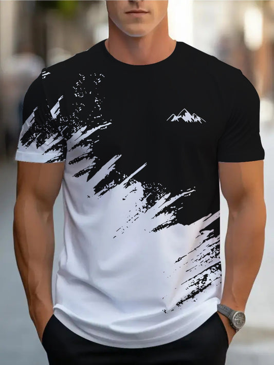 Men's Short-Sleeve T-Shirt with Bold Black & White Mountain Graphic Print - Breathable Summer Casual Tee, Regular Fit Round Neck, Hand Wash Only, Leisure Clothing, Modern Tee, Nontransparent Fabric, Daily Outfit, Creative Pat