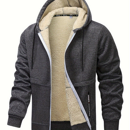 1pc Men'S Casual Style Hooded Jacket, Thick Fleece Lined, Warm Autumn/Winter Fashion, Solid Color, Polyester Knit with Pockets, Regular Fit