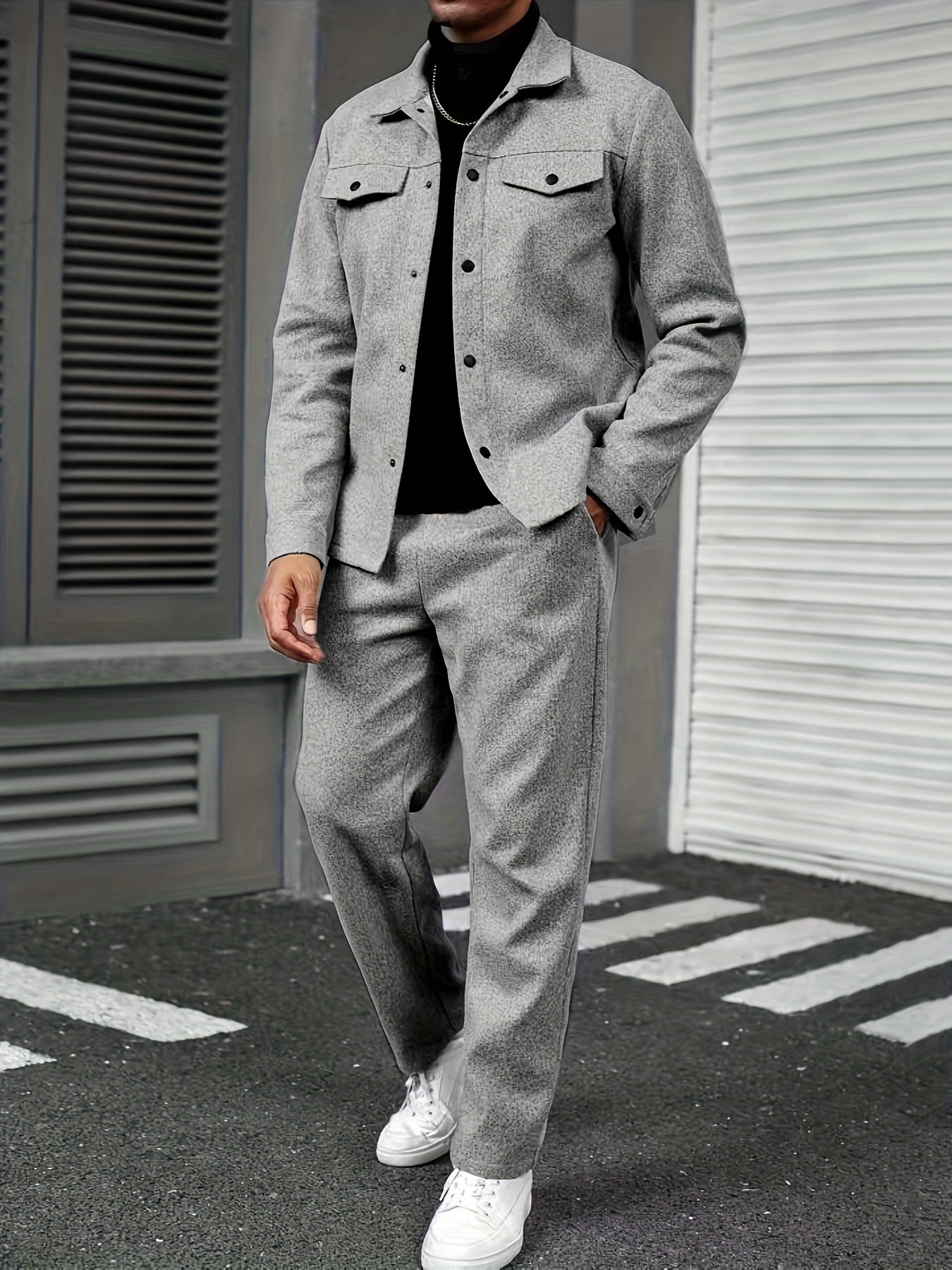 Men'S Two-Piece Casual Outfit - Black Button-Up Shirt & Pants, Long Sleeve, Loose Fit, Non-Stretch Fabric, Perfect for Spring/Fall, Casual Attire|Relaxed Fit|Buttonup Shirt