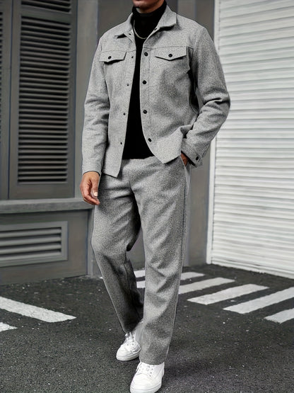 Men'S Two-Piece Casual Outfit - Black Button-Up Shirt & Pants, Long Sleeve, Loose Fit, Non-Stretch Fabric, Perfect for Spring/Fall, Casual Attire|Relaxed Fit|Buttonup Shirt