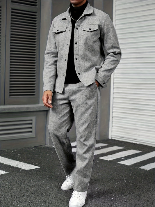 Men'S Two-Piece Casual Outfit - Black Button-Up Shirt & Pants, Long Sleeve, Loose Fit, Non-Stretch Fabric, Perfect for Spring/Fall, Casual Attire|Relaxed Fit|Buttonup Shirt