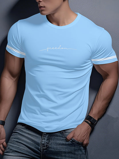Men'S "Freedom" Graphic T-Shirt - Black Casual Crew Neck Tee with White Stripes, Breathable Polyester Blend, Regular Fit for Casual Attire, Everyday Tshirt | Bold Print Tee | Comfortable Fit, Knit