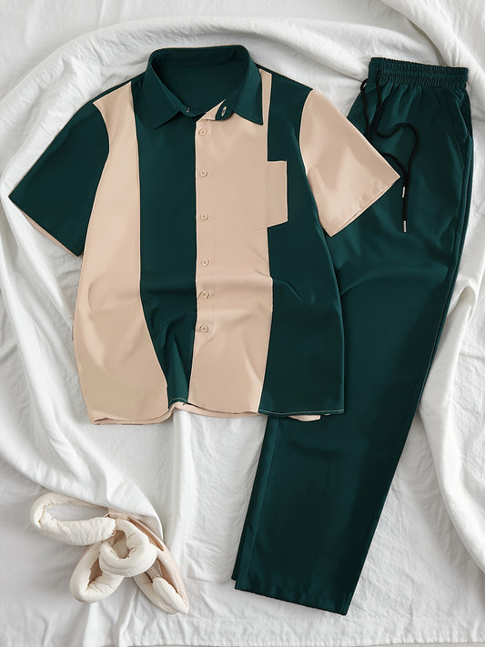 Men'S Casual Two-Piece Spring/Summer Color Block Short Sleeve Shirt and Pants Set - Polyester, Regular Fit, Button-Up with Pocket, No Belt, All-Season Wear, Casual Attire|Casual Style|Polyester Fabric