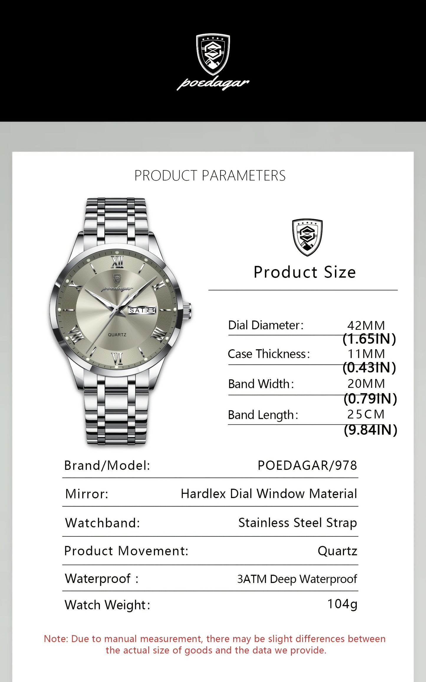 POEDAGAR Men'S Quartz Watch, Sports Style, Waterproof 3ATM, Luminous Calendar, Stainless Steel Strap, Pointer Display, Alloy Case, Electronic Drive, Non-Rechargeable Button Battery, with Spring Festival and Football Holiday T