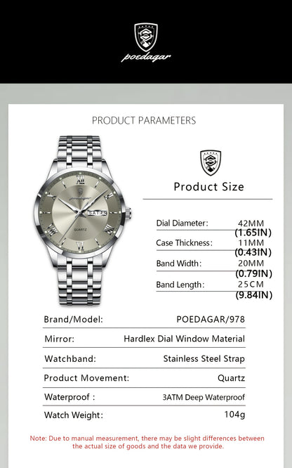 POEDAGAR Men'S Quartz Watch, Sports Style, Waterproof 3ATM, Luminous Calendar, Stainless Steel Strap, Pointer Display, Alloy Case, Electronic Drive, Non-Rechargeable Button Battery, with Spring Festival and Football Holiday T