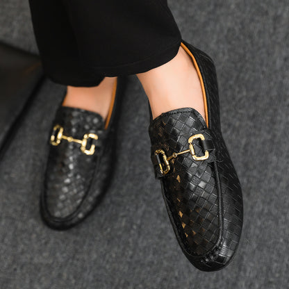 Men's Slip-On Loafers - Black & Tan Casual Shoes with Golden-Tone Metal Accents, Round Toe Comfort, All-Season Versatile for Office & Social Events, Casual Attire, Elegant Style, Premium Material, Modern Gentlemen